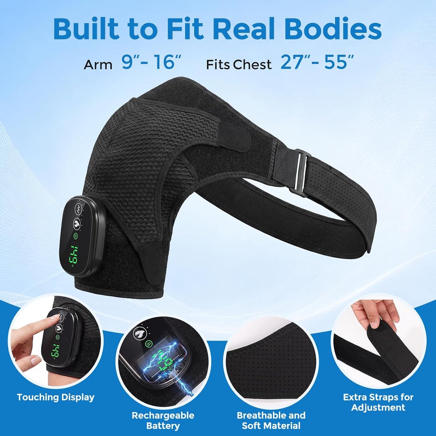 Shoulder Massager for Pain Relief Deep Tissue Shoulder Heating Pad | Cordless Heated Shoulder Brace for Frozen Shoulder & Rotator Cuff 3 Heat & Vibration Modes 5000mAh Rechargeable