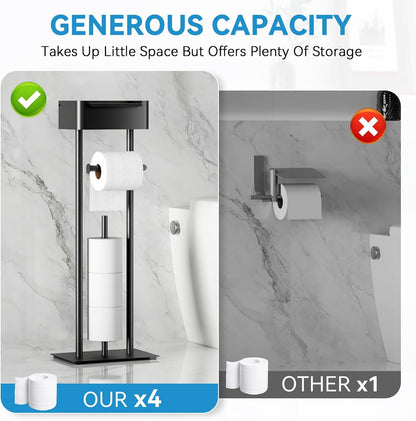 Toilet Paper Holder Free Standing - Toilet Paper Stand with Shelf | Storage for 4 Rolls- Bathroom Organizers, No Drill, for Large Toilet Rolls, 29.7 inch*12.6 inch (Matte Black)