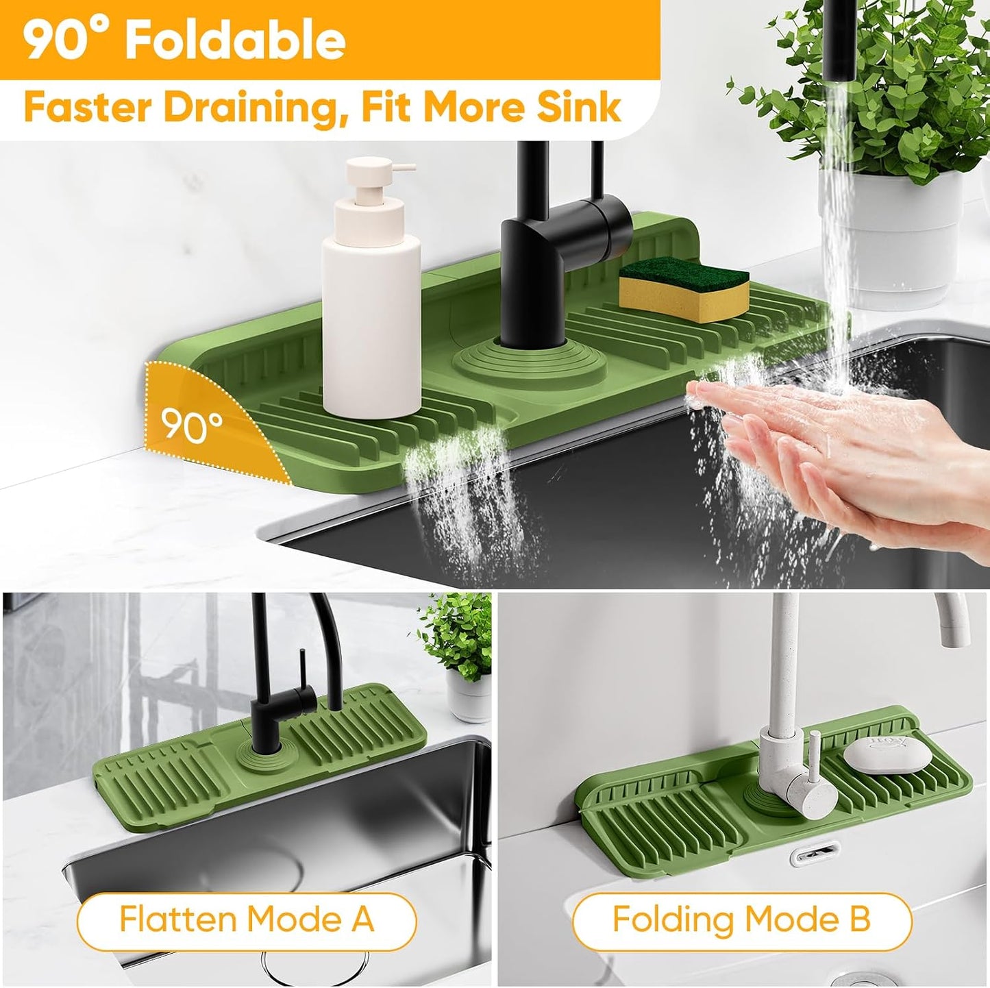 24'' Longer Faucet Mat for Kitchen Sink Splash Guard[7° Slope Fast Self-draining][Snap Lock Fit]Kitchen Sink Faucet Mat Splash Guard Kitchen Sink Area Water Splash Guard Behind Faucet Draining Mat