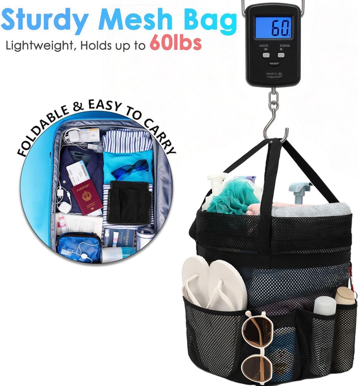 Fammart Mesh Shower Caddy Portable with Drawstring, Dorm Room Essentials for College Girls Guys, 8-Pocket Extra Large Shower Bag Basket Tote for Camping Beach Gym Travel Toiletry Bathroom