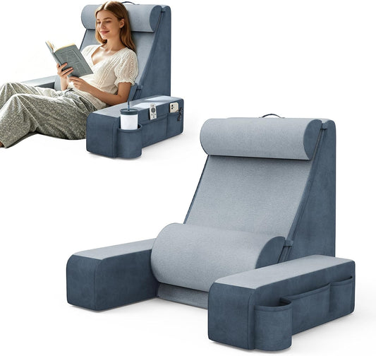 COZEER 3‑in‑1 Reading Pillow for Bed with Sponge Lap Desk & Lumbar Support | Adjustable Lumbar Support & Headrest, Dual-Side Zoned Storage, Detachable Armrest Design for Reading Gaming Home Office