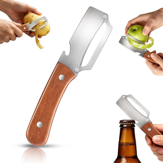 Multifunctional Vegetable Potato Peeler for Kitchen，Wooden-Handled Stainless Steel Sharp Peeler Knife with Built-In Bottle Opener for Veggie, Fruit, Potato, Carrot, Apple Ergo