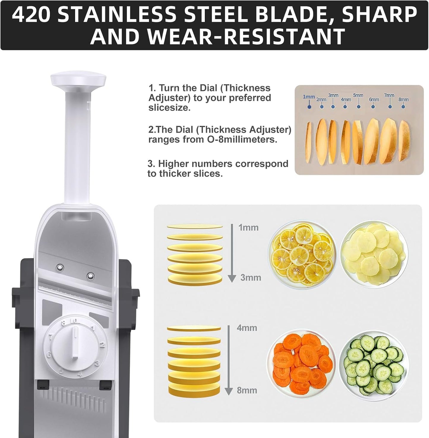 Jonscook All-in-1 Safe Mandoline Slicer for Kitchen, Vegetable Slicer with Container, Adjustable Veggie Mandoline, French Fry Cutter, Potato/Tomato/Onion Slicer, Grater/Cleaning Brush (Black Knight)