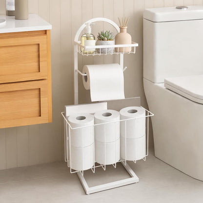 Toilet Paper Holder Stand Freestanding with Storage Basket for Bathroom | Freestanding Toilet Paper Stand for Bathroom,Heavy Duty Tissue Roll Holder Rack with Top Shelf for Organizer,black