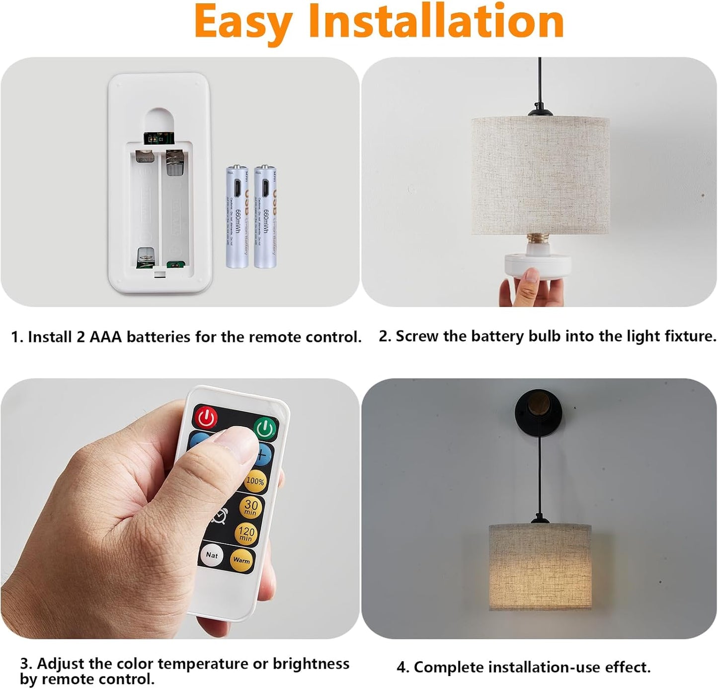 XSDeTu Battery Operated Wall Sconce with Remote, Rechargeable Battery Powered Wall Light, 3 Colors Dimmable Wall Mounted Lights, Adjustable Lamp for Bedroom Bedside, Wooden Arm, Fabric Shade, 2 Pcs