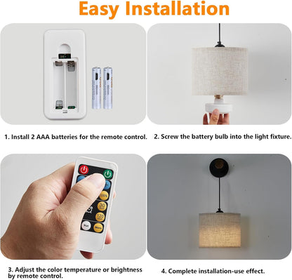 XSDeTu Battery Operated Wall Sconce with Remote, Rechargeable Battery Powered Wall Light, 3 Colors Dimmable Wall Mounted Lights, Adjustable Lamp for Bedroom Bedside, Wooden Arm, Fabric Shade, 2 Pcs
