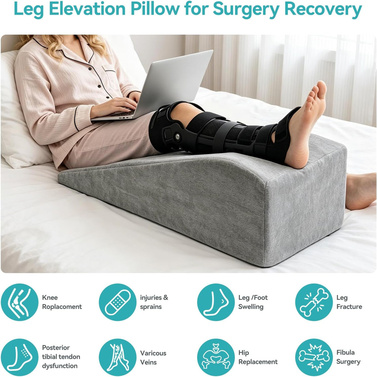 Leg Elevation Pillows for After Surgery，Knee Replacement Pillow ,Wedge Pillow for Knee, Ankle, Hip and Foot Injuries, Circulation Improvement Leg Support Pillow with Handles (29.5 x13 x 9.5inch)