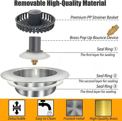 Anlige Kitchen Sink Drain Strainer, 3 in 1 Pop Up Kitchen Sink Stopper, with An Extra Basket Strainer, Universal for US Standard 3-1/2 Inch, Chrome Silver