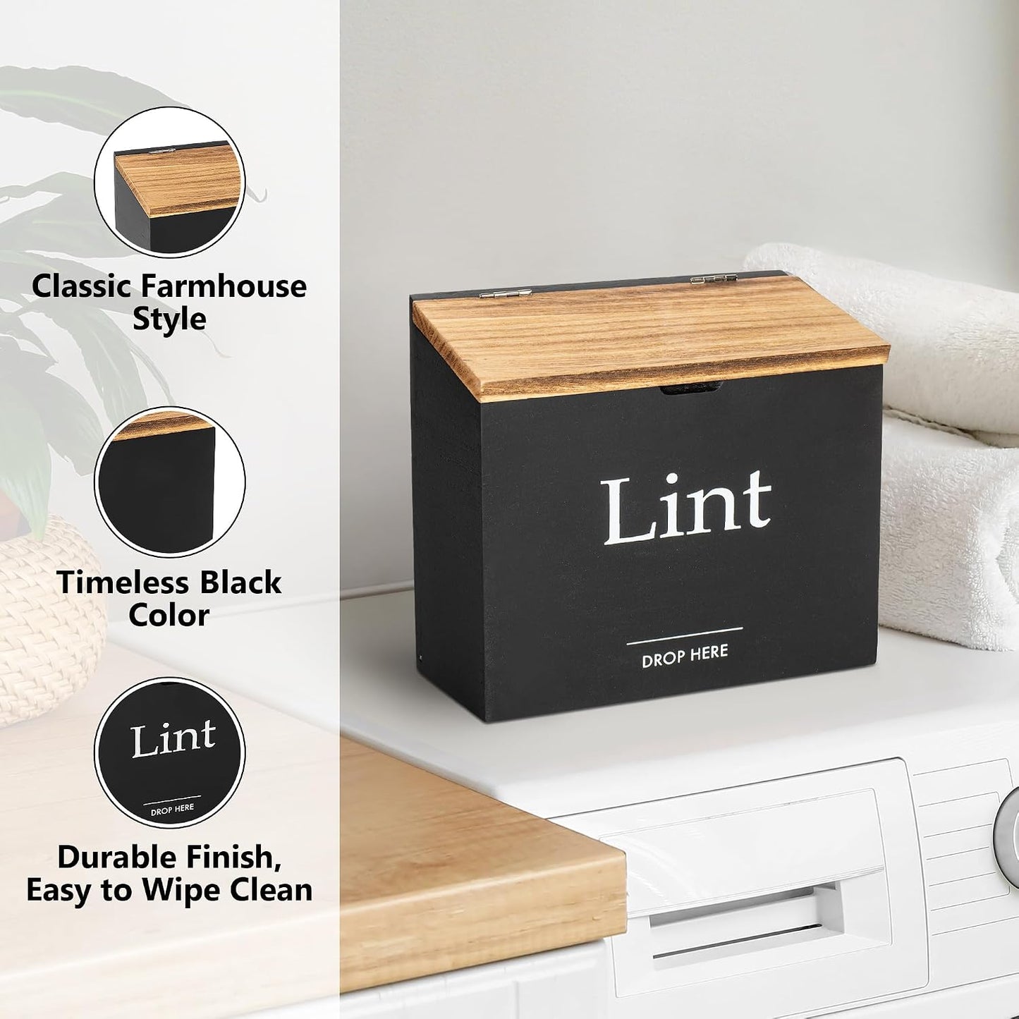 Magnetic Lint Bin for Laundry Room, Compact Size | Wooden Dryer Lint Bin with Lid - Rustic Lint Box, Magnetic Bin - Modern Farmhouse Laundry Room Decor, Black with Torched Lid