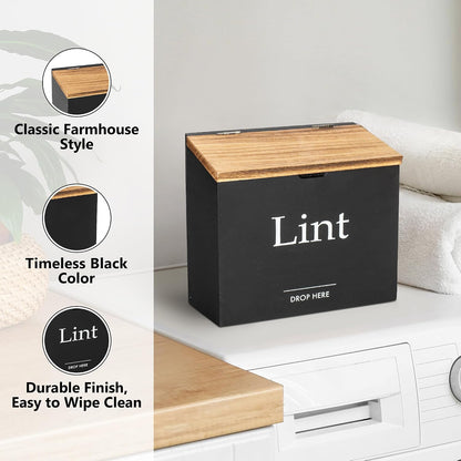 Magnetic Lint Bin for Laundry Room, Compact Size | Wooden Dryer Lint Bin with Lid - Rustic Lint Box, Magnetic Bin - Modern Farmhouse Laundry Room Decor, Black with Torched Lid