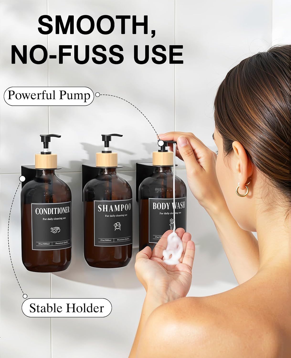 Luxspire 17oz Shampoo and Conditioner Dispenser 3 Sets for Bathroom, Black | Matte PET bottle, no-drill stainless bracket, detachable pump, dual wall/counter install with classification stickers