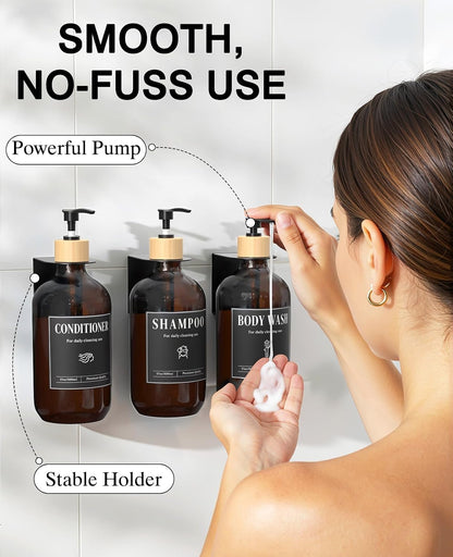 Luxspire 17oz Shampoo and Conditioner Dispenser 3 Sets for Bathroom, Black | Matte PET bottle, no-drill stainless bracket, detachable pump, dual wall/counter install with classification stickers