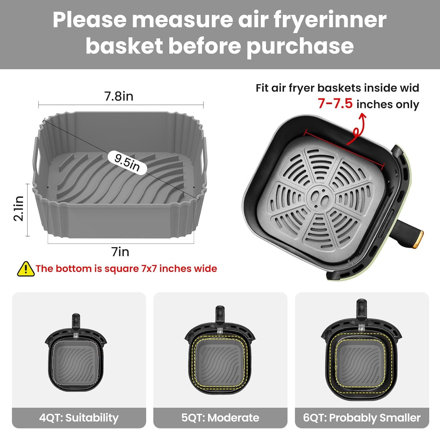 Redfly 2 Pack Silicone Air Fryer Liners, Square Reusable Non-Stick Basket Inserts for 4-5 QT Air Fryers, Dishwasher Safe Parchment Paper Replacement Accessories Gray & Black