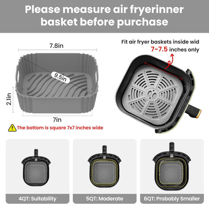 Redfly 2 Pack Silicone Air Fryer Liners, Square Reusable Non-Stick Basket Inserts for 4-5 QT Air Fryers, Dishwasher Safe Parchment Paper Replacement Accessories Gray & Black