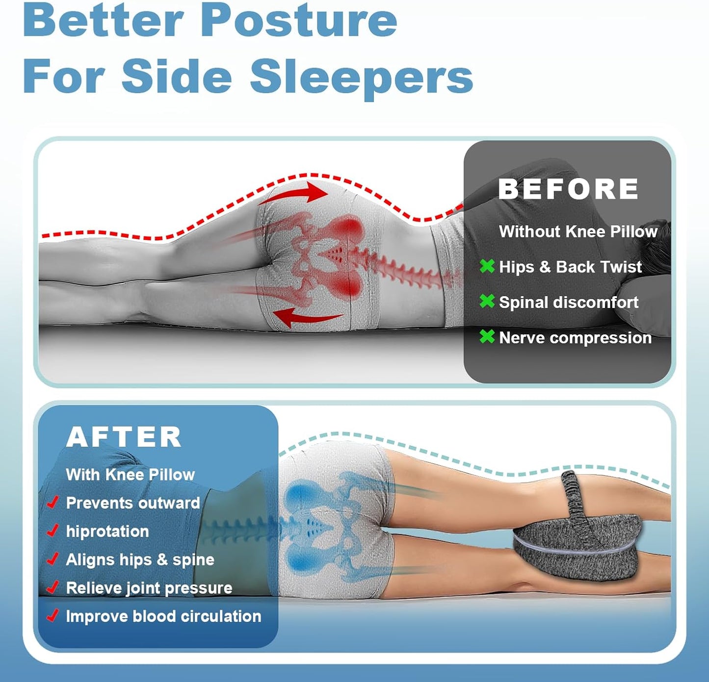 Knee Pillow for Side Sleepers, Leg Pillow for Sleeping, Knee Pillow with Strap, Alignment Pillow Between Legs, Suitable for Relieving Leg, Back & Knee Pain, Machine Washable (Blue)