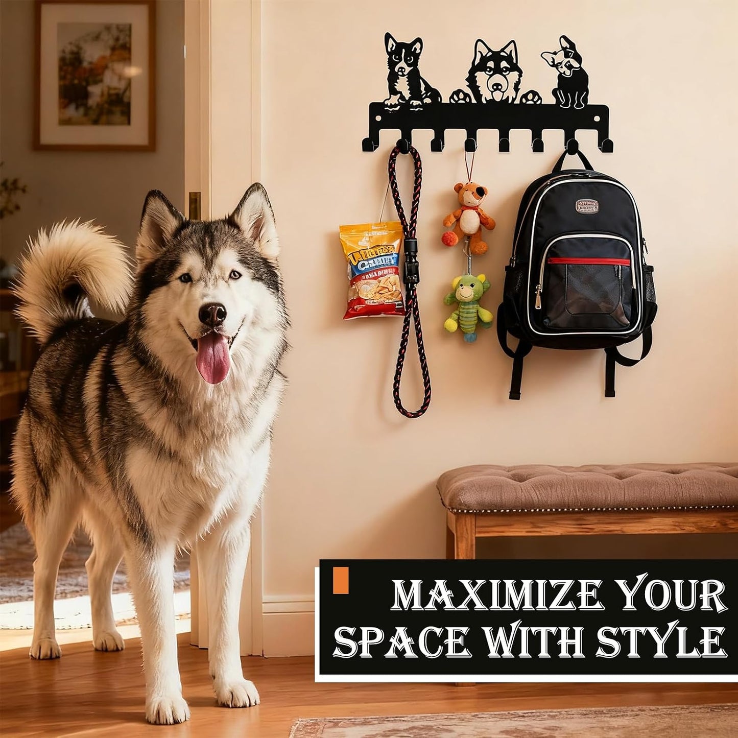 Dog Leash Holder for Wall, Key Holder Mount with 5 Metal Hooks, Pet Leash and Key Organizer, Screw Mounted Rack for Leashes Keys Collars, Entryway Garage Mudroom
