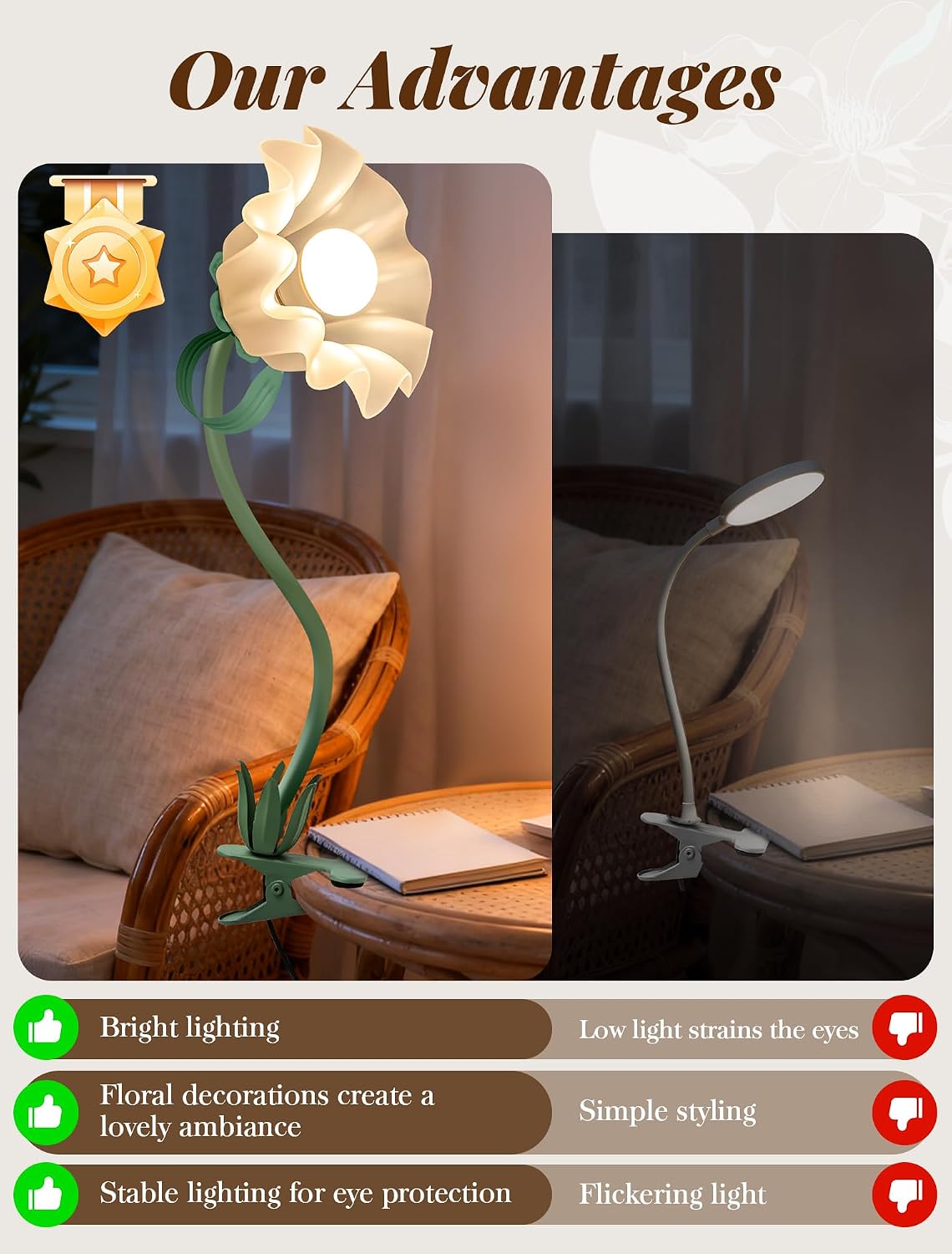 Clip On Light and Bed Headboard Lamp,Valentines Day Gifts for Women,Flower Desk Lamp with 3 Color Modes,USB Power Gooseneck Reading Light,Night Light for Nursery,College Dorm Room Essentials (Green)