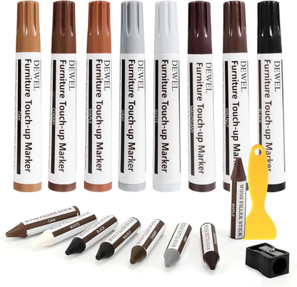 DEWEL Wood Furniture Repair Kit, Upgrade Wood Filler, Furniture Touch Up Markers with Wax Sticks, 42 Pcs Floor Touch Up kit for Scratches, Cracks, Hole, Laminate, Table, Bedposts