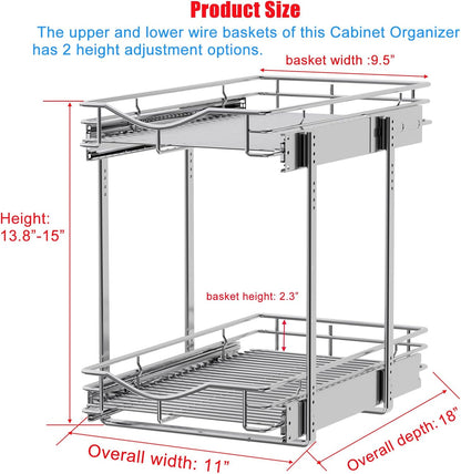 DINDON 2 Tier Pull Out Cabinet Organizer (20" W X 21" D), Double Tier Wire Basket Slide Out Shelf Storage for Kitchen Base Cabinet Organization for Kitchen, Pantry, Bathroom, Chrome