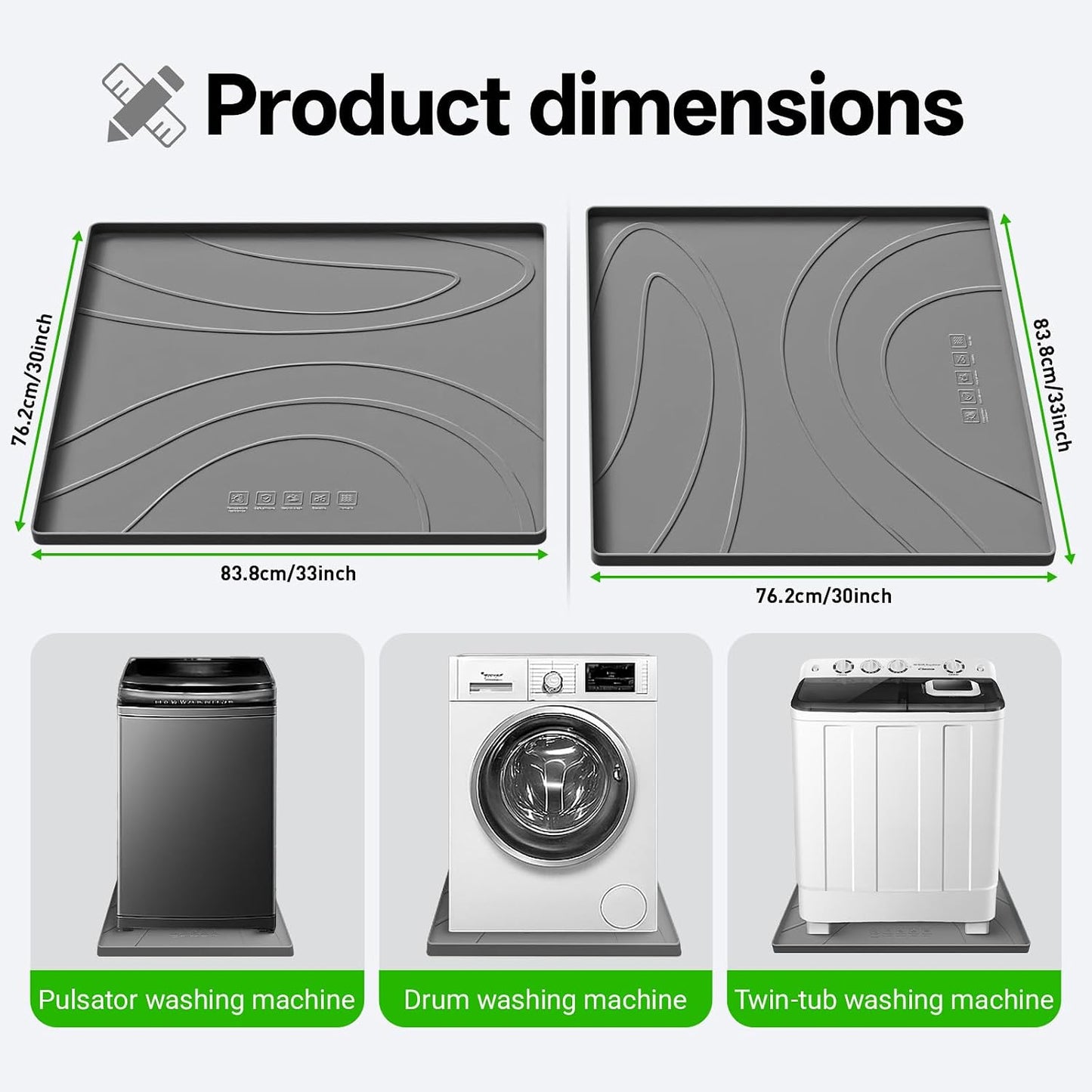 Washing Machine Drain Pan Silicone mat – 30x33 Inch Non-Slip Waterproof Washer Drip Tray, Anti-Vibration Soft Mat for Under Dryer or Washer, Floor Leak Protector for Laundry Room