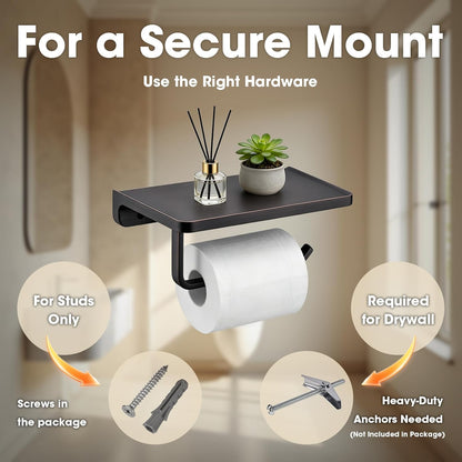 TRUSTMI Toilet Paper Holder with Phone Shelf, Zinc Alloy, Brushed Gold | Solid zinc alloy holder holds 15 lbs and fits jumbo rolls. Shelf stores phones and wipes for easy bathroom organization