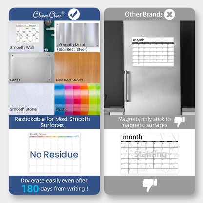 Non-Magnetic Dry Erase Calendar Set for Fridge - Reusable Monthly and Weekly Calendar Sticks to Most Smooth Surfaces - 6 Dry Erase Markers Included - Shipped Flat