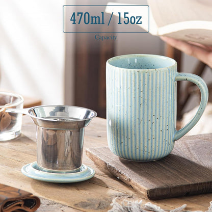 Yundu 15.5oz/470ml Flambe Purple Ceramics Teacups with Infuser and Lid, Loose Leaf Tea Cup