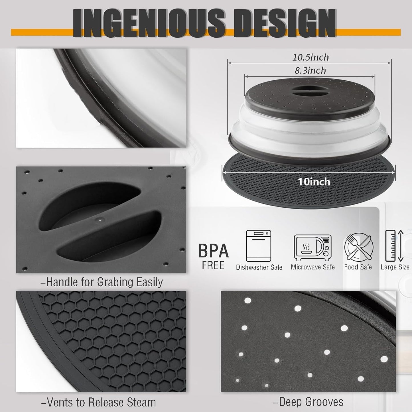 Microwave Splatter Cover & Silicone Mat, 10inch | Black, Collapsible, Vented, Reusable Food Guard & Plate Cover, Heat-Resistant Trivet for Pots, Pans, & Kitchen Counter