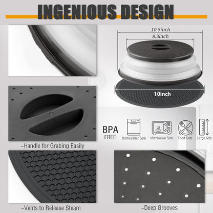 Microwave Splatter Cover & Silicone Mat, 10inch | Black, Collapsible, Vented, Reusable Food Guard & Plate Cover, Heat-Resistant Trivet for Pots, Pans, & Kitchen Counter