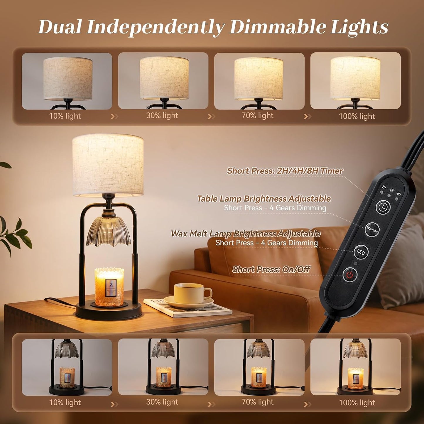 Table Lamp Candle Warmer Flameless 2.5- 6.5in Height Adjustable Timer Dimmer Wax Melt Warmer Lamp for Large 3 Wicks Jar Candles Modern Bedside Lamp for Mothers Day House Warming Home Decor Living Room