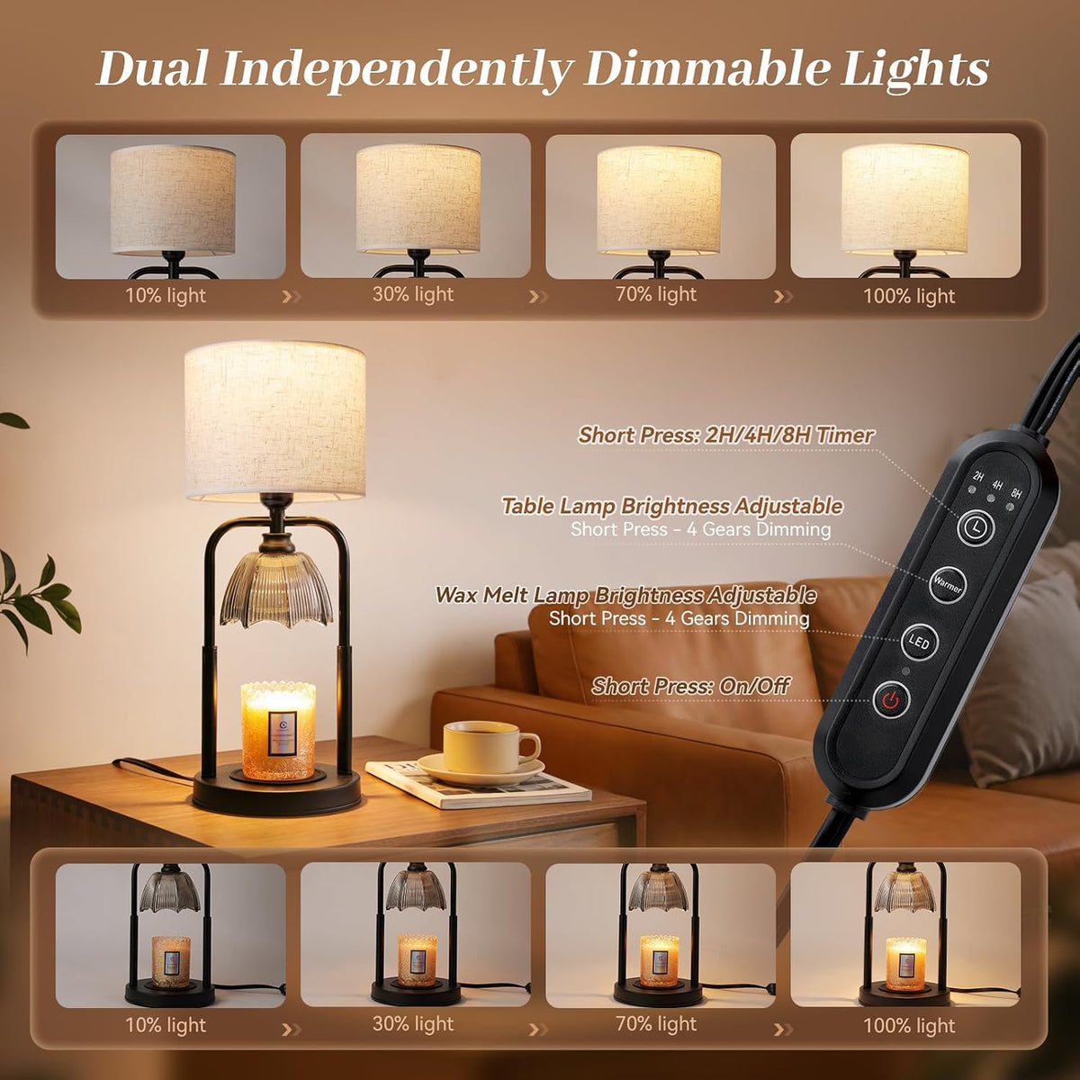 Table Lamp Candle Warmer Flameless 2.5- 6.5in Height Adjustable Timer Dimmer Wax Melt Warmer Lamp for Large 3 Wicks Jar Candles Modern Bedside Lamp for Mothers Day House Warming Home Decor Living Room