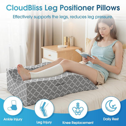 CloudBliss Leg Elevation Pillow for After Surgery, Adjustable Height Memory Foam Wedge Pillow with Cooling Ice Silk Cover, Ergonomic Leg Support for Knee, Comfort Care for Blood Circulation, Grey