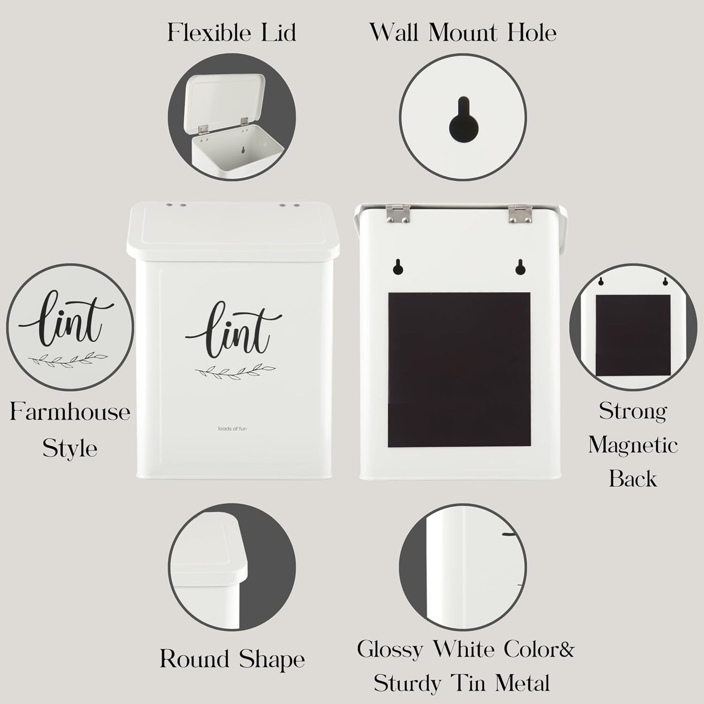 Perfnique Magnetic Lint Bin for Laundry Room with Lint Brush, Wall Mounted Lint Holder Trash can with lid for Dryer, Modern Farmhouse Rustic Metal Laundry Room Storage Organization and Decor(White)