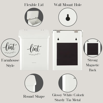 Perfnique Magnetic Lint Bin for Laundry Room with Lint Brush, Wall Mounted Lint Holder Trash can with lid for Dryer, Modern Farmhouse Rustic Metal Laundry Room Storage Organization and Decor(White)