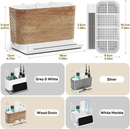 Bathroom Organizers and Storage 6 Slots Wood Grain Electric Toothbrush Holders with Phone Holder and Adjustable Dividers, Cord-Friendly Toothbrush Organizer with Drainage for Family, Kids