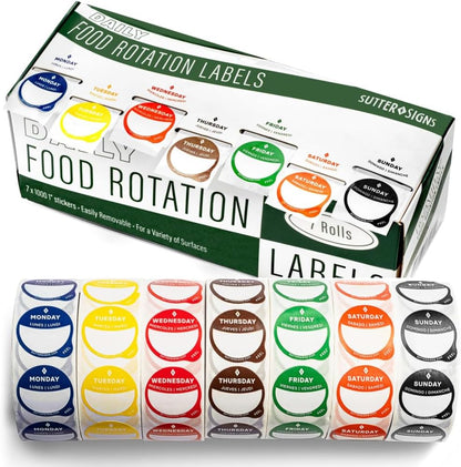 Date Stickers for Food - Day of the Week Day Dots Removable Food Labels, 1" Date Dot Stickers for Food Containers, 7000 Labels with Dispenser Box | 1" Date Dot Stickers for Food Containers, 7000 Labels with Dispenser Box