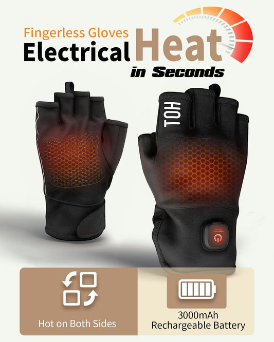 Heated Gloves Fingerless for Women Man with 3.7V 3000mAh Battery Cordless Work Touchscreen Gloves for Winter Cold Weather Rechargeable Electric