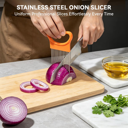 Onion Holder for Slicing - Stainless Steel Vegetable & Fruit Slicer Assistant Tool, Multi-Purpose Onion Tomato Cutter for Potato, Avocado, Egg & Meat Chopping (Blue)