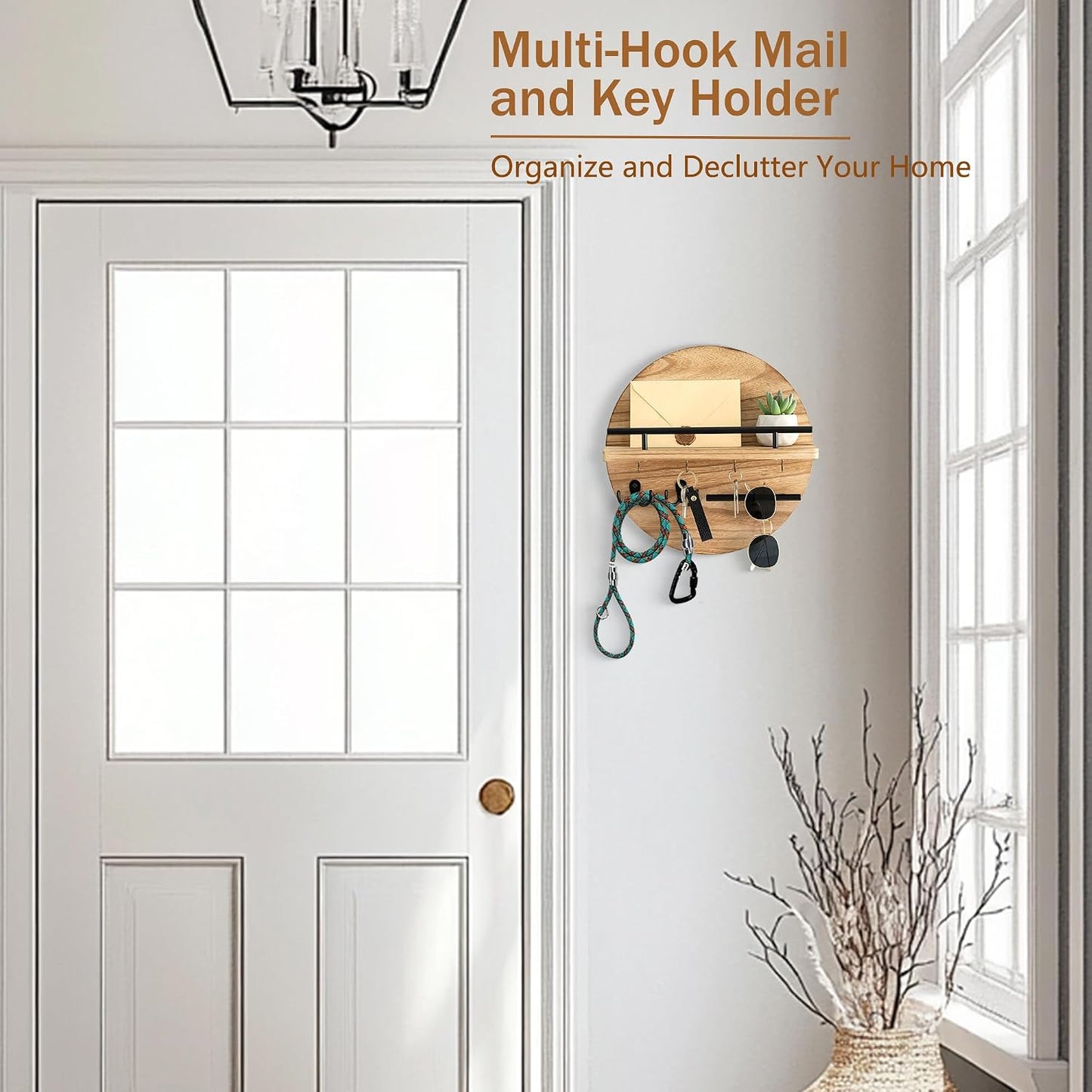 Key Holder for Wall Decorative with Shelf and Hooks, Mail Organizer Wall Mount with Sunglasses Holder, Circular Design Entryway Key Rack Hanger, Rustic Home Decor Boho Wall Decor (White)