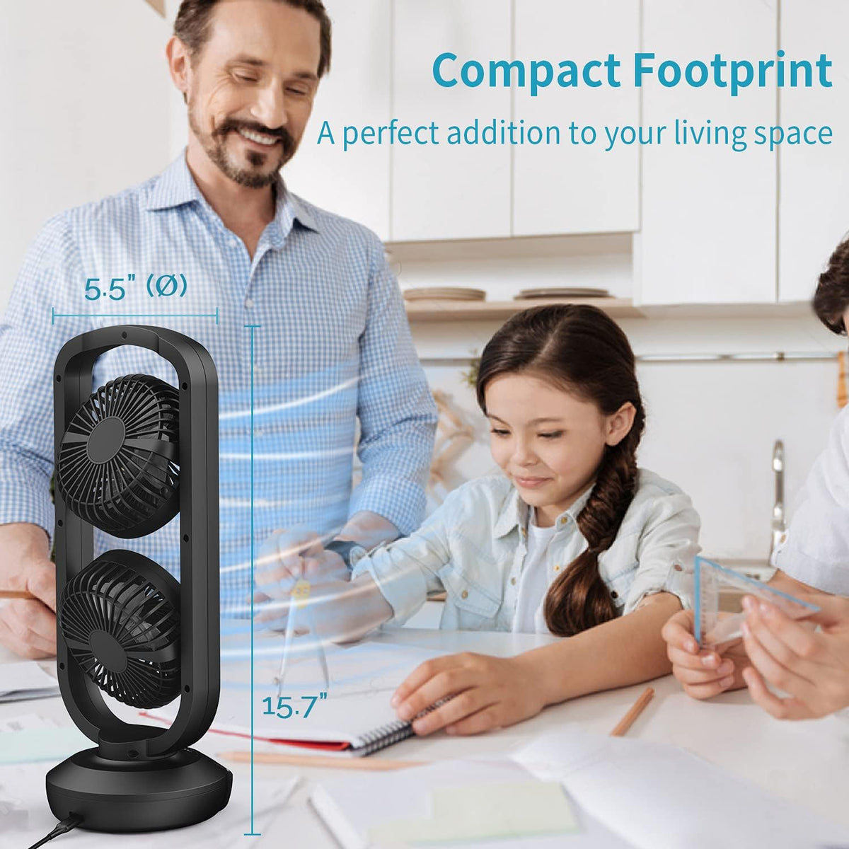 DR.PREPARE Small Tower Fan Oscillating Table Fans with 270° Tilt, 105° Oscillating, 3 Speeds and 3 Auto-Off Timer, Portable USB Powered Desk Fan for Bedroom Office Home Desk, Powerful Airflow 15 Inch