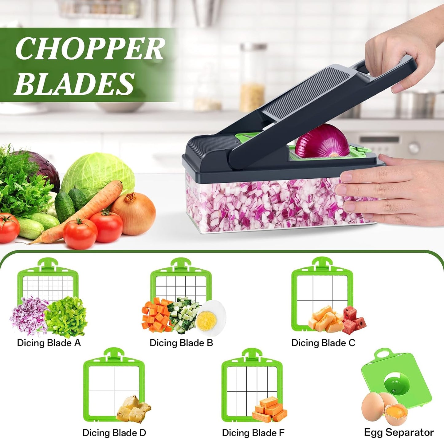HomeHacks Vegetable Chopper Vegetable Cutter, 12 in 1 Kitchen Gadget, Dicer, Slicer, Onion Cutter, Salad, Cheese Grater & Egg Separator - Multi-Functional Veggie Chopper Lid with Handle (Green)