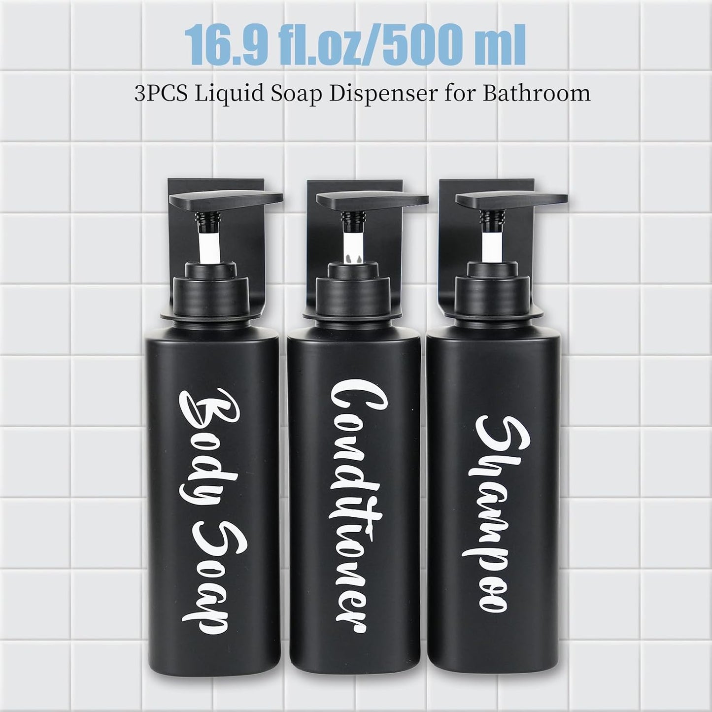 AUMIO 16.9oz Shampoo Dispenser for Shower Wall 3 Chamber, Drill Free Shampoo and Conditioner Dispenser with 6 Waterproof Labels, Wall Mounted Shower Soap Dispenser Shampoo Bottles for Home Bathroom