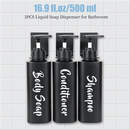 AUMIO 16.9oz Shampoo Dispenser for Shower Wall 3 Chamber, Drill Free Shampoo and Conditioner Dispenser with 6 Waterproof Labels, Wall Mounted Shower Soap Dispenser Shampoo Bottles for Home Bathroom