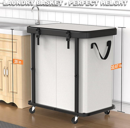 Laundry Hamper with Wheels,150L Leather Patchwork Clothes Hamper Black | Rolling Laundry Basket with Sturdy Metal Frame, Removable Washable Bag,Tall Clothes Sorter for Bedroom, Laundry Room, Dorm
