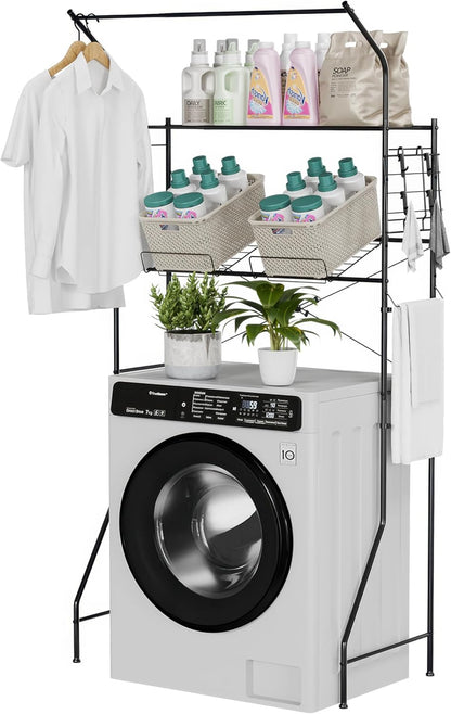 Laundry Room Storage Shelf & Organizer, 2 Tier Metal Over Washer and Dryer Shelves, Washing Machine Shelf with Hanger Rod, Expandable Bathroom Space Saver Shelf, 26–37" L x 15.8" W x 59.5" H, Black