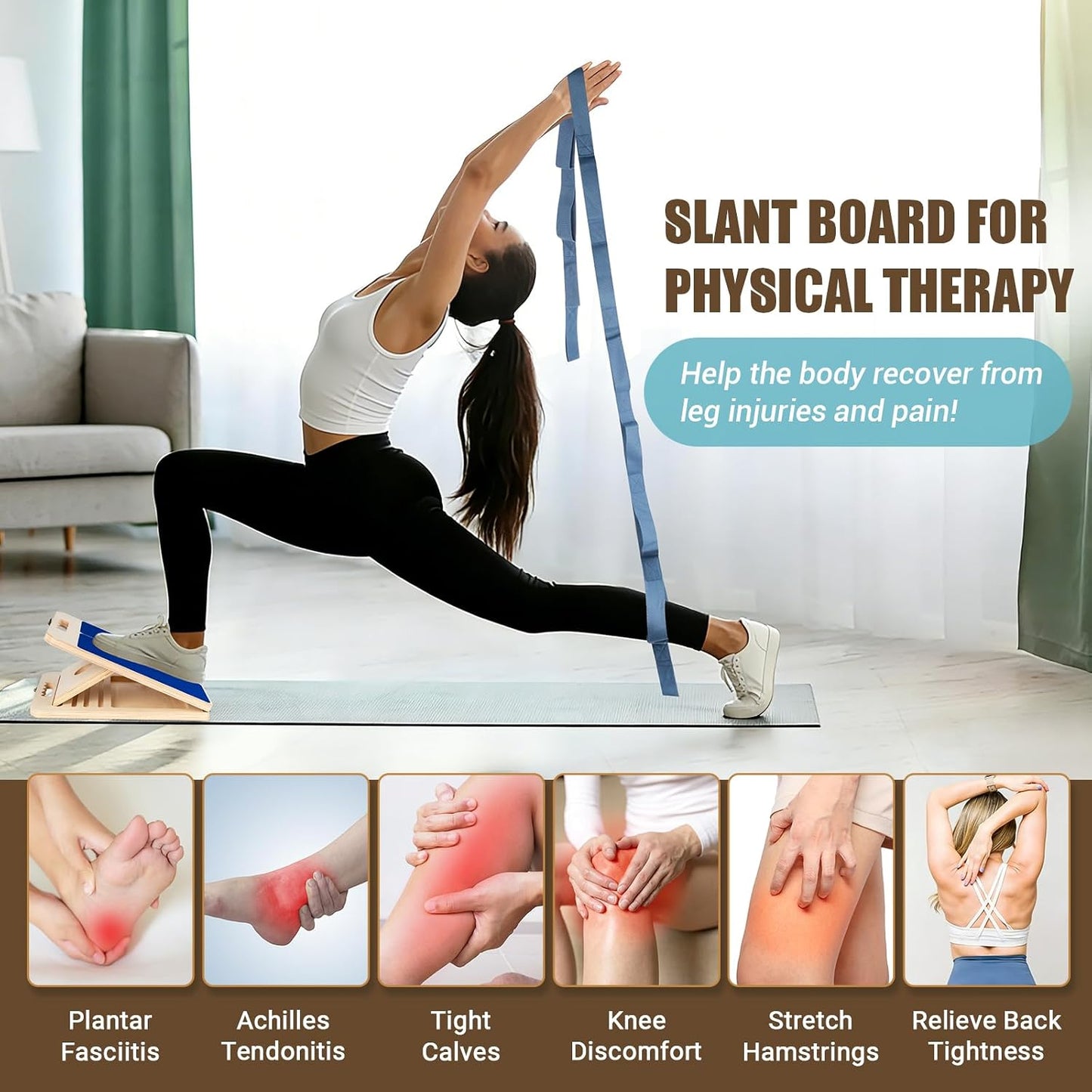 Slant Board Calf Stretch with Stretch Strap, 300 lb Portable Incline Board | Training Poster, Non-Slip Adjustable Wooden Calf Mobility Board for Calf Ankle Knees Achilles Physical Therapy Leg Exerciser