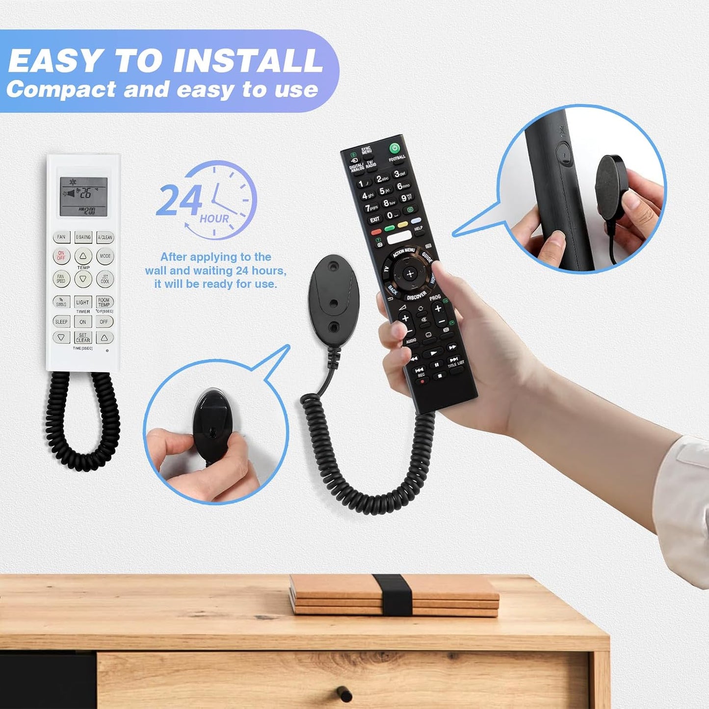 Magnetic Remote Control Holder and Remote Holder with Retractable Leash, Wall Mount for TV Remote, Couch and Bedside, No Drill Adhesive Pad, 2 Pack Black