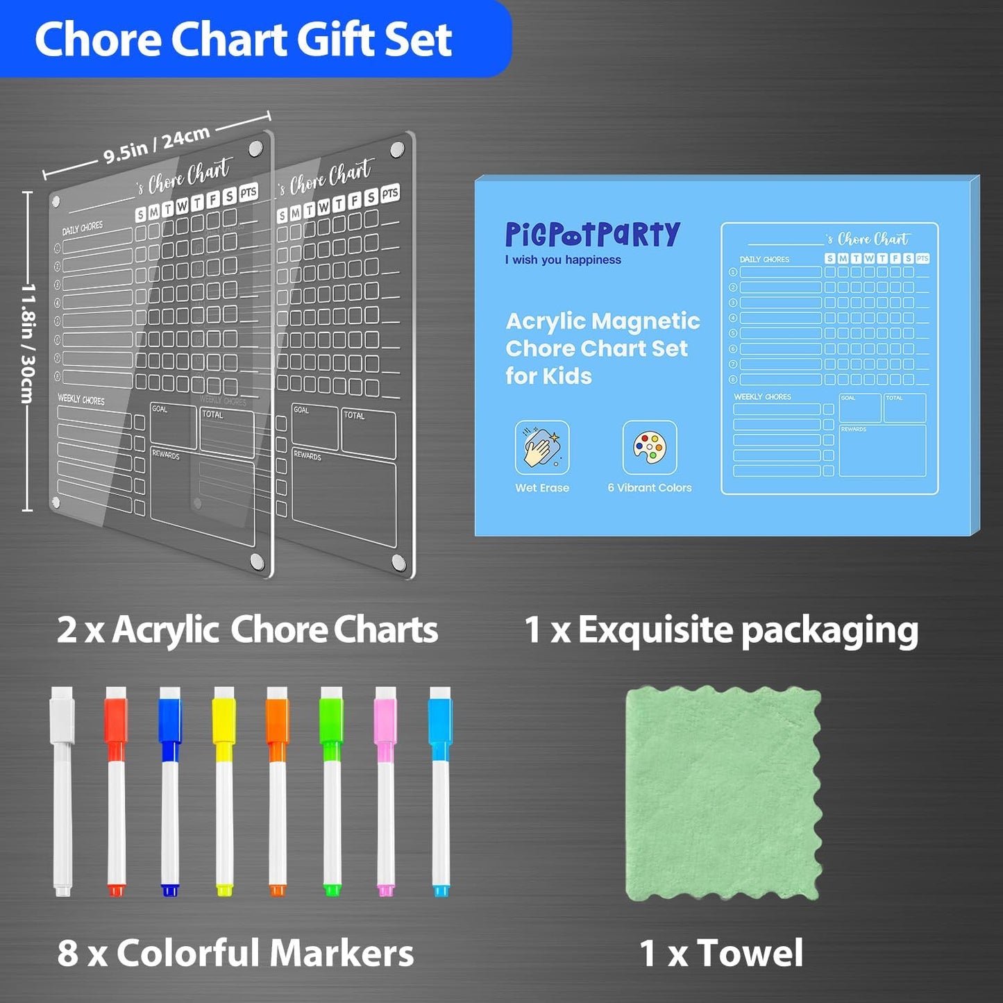 PigPotParty Acrylic Magnetic Chore Chart for Kids, 12x9.5 Inch, 2 Pack | Sleek Clear Acrylic Design, Reward System Builds Habits, Built-In Magnets Require No Installation, 8 Wet-Erase Markers