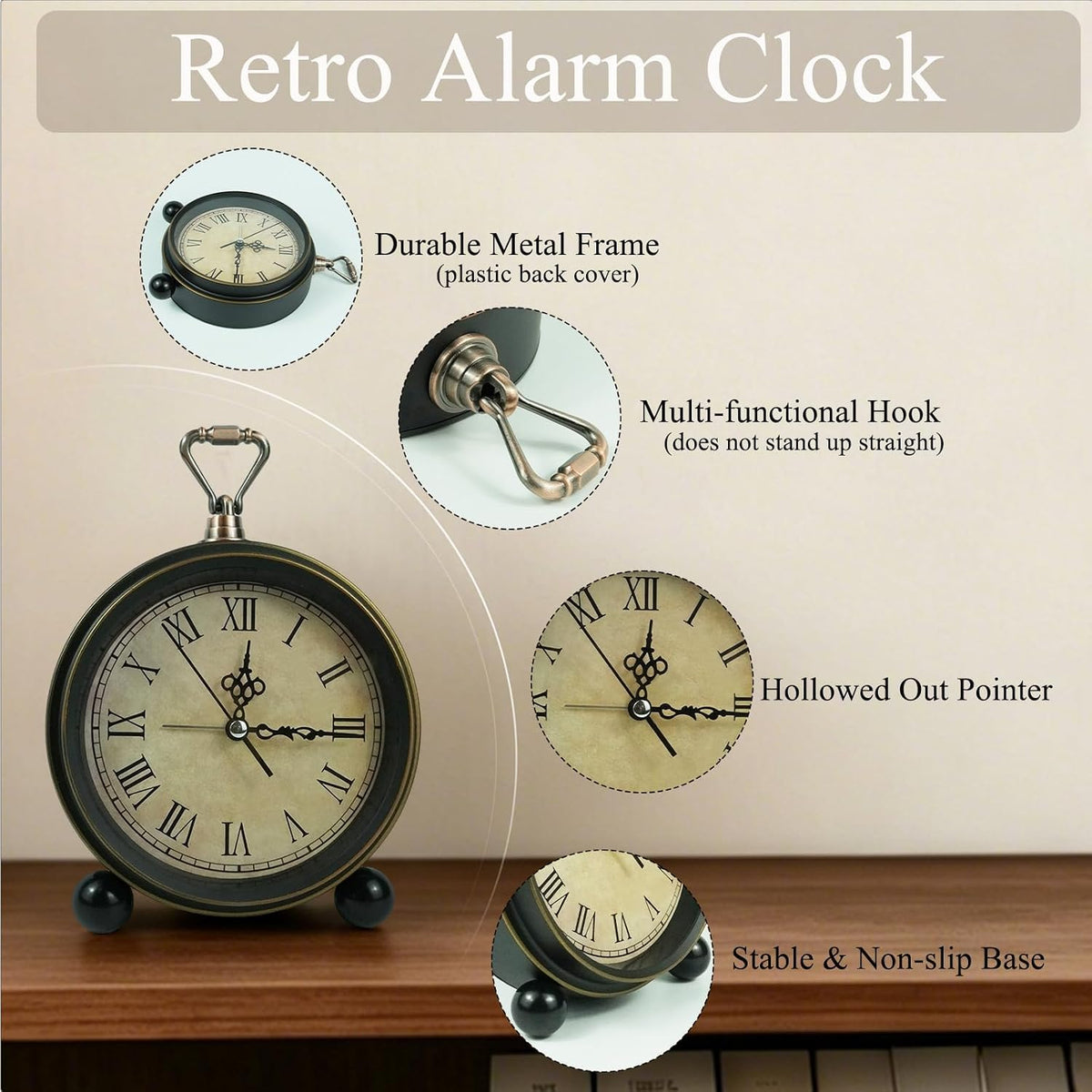 Vintage Analog Alarm Clock, 5.5 inch Hangable Super Silent Non Ticking Clock for Living Room, Bedroom, Desk, Gift Clock for Children Adults and Artist(Arabic)