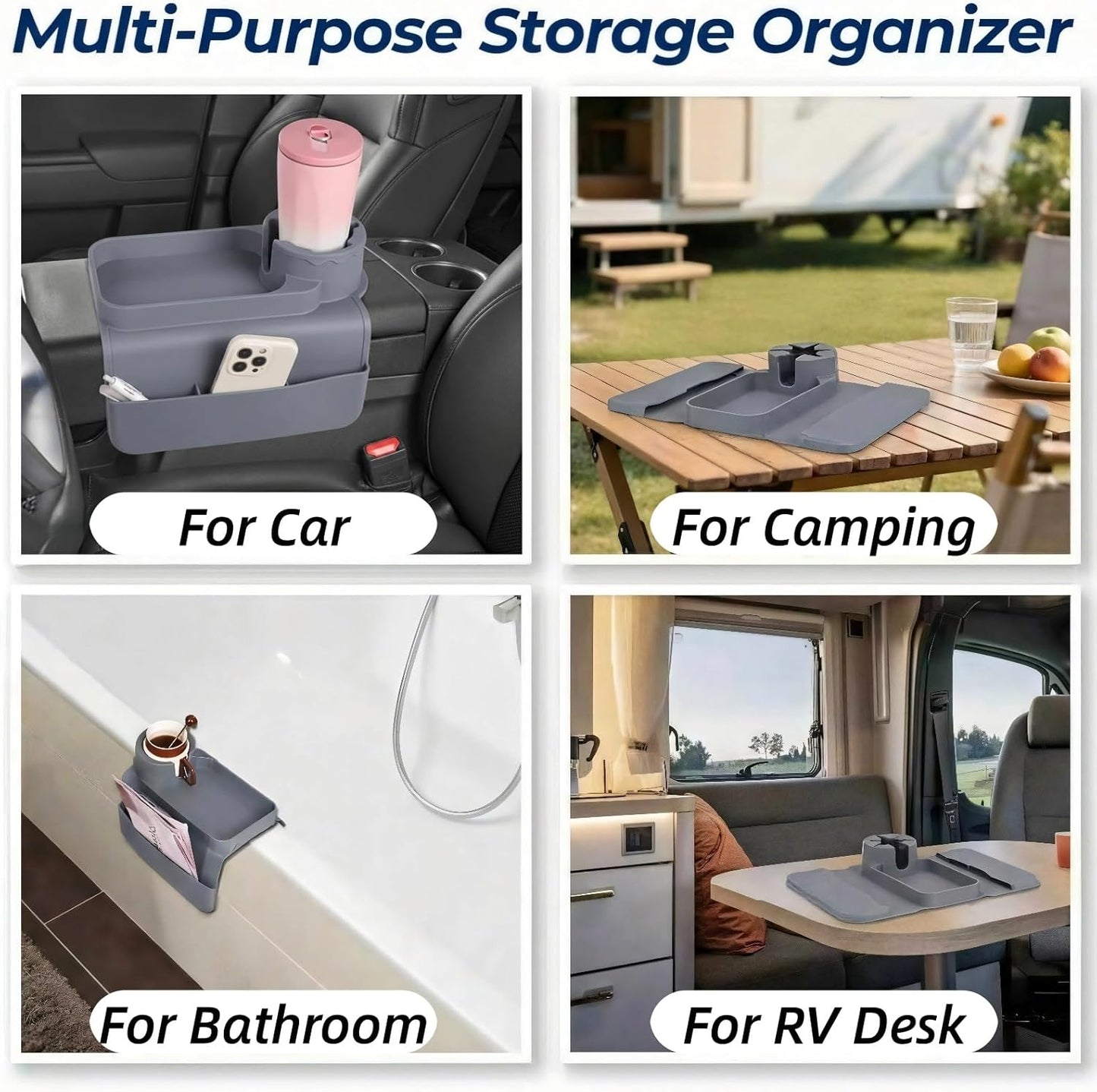 Silicone Couch Caddy Cup Holder Tray, 3-Side Sofa Armrest Organizer with Secure Gear-Shaped Locking Holder & Large Tablet Slot, Non-Slip Weighted Armchair Caddy, Couch Accessories (Grey)